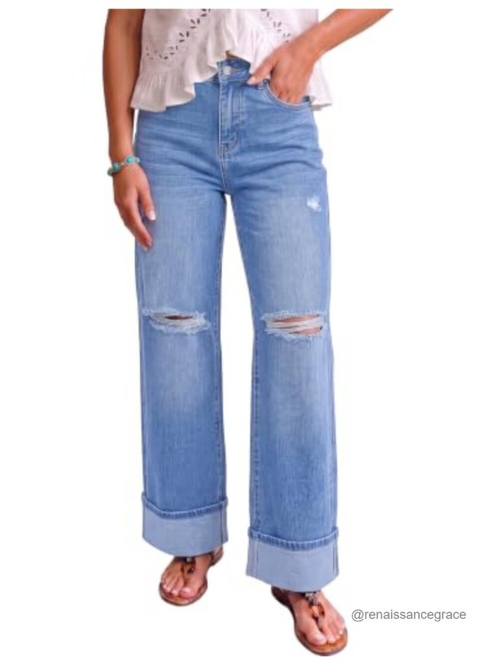 Wide Leg High Waisted Stretchy Ripped Denim Jeans for Women, Soft Cotton Blend,